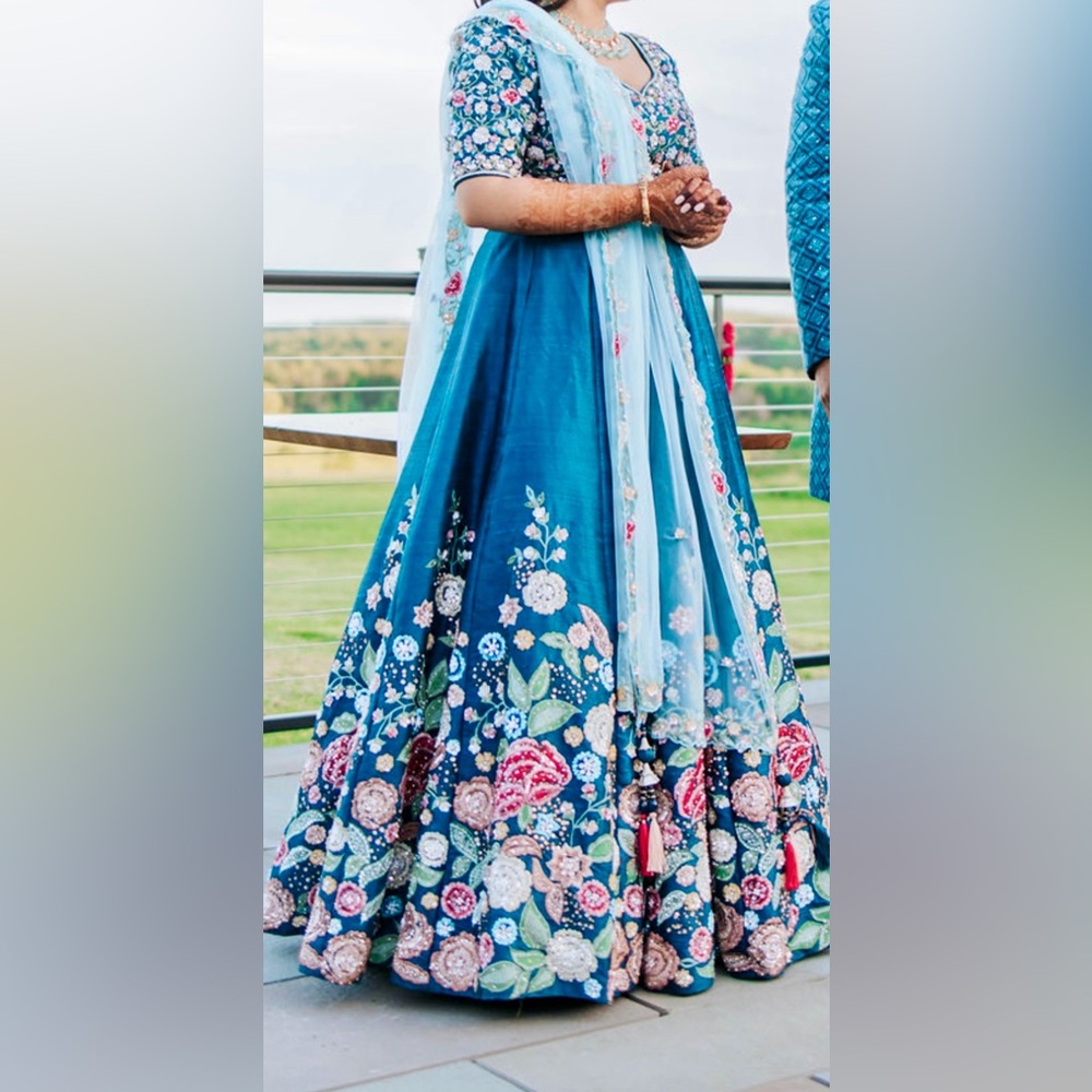 Raw Silk Bridal Lehenga w/ Floral embroidery/beadwork (Shyamal Bhumika inspired)